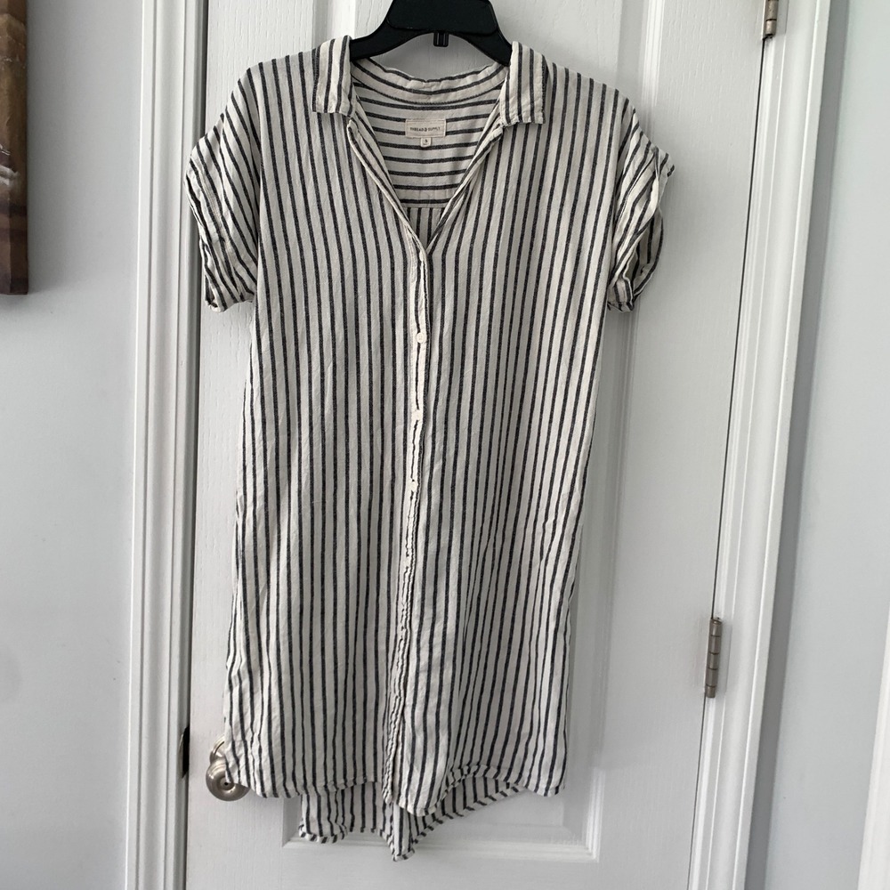 Thread & Supply Linen Blend Striped Shirt Dress Black White Small D9003LRTS
